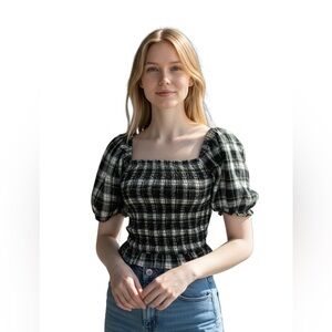 American Eagle Plaid Puff Sleeve prairie core cottage core crop Top